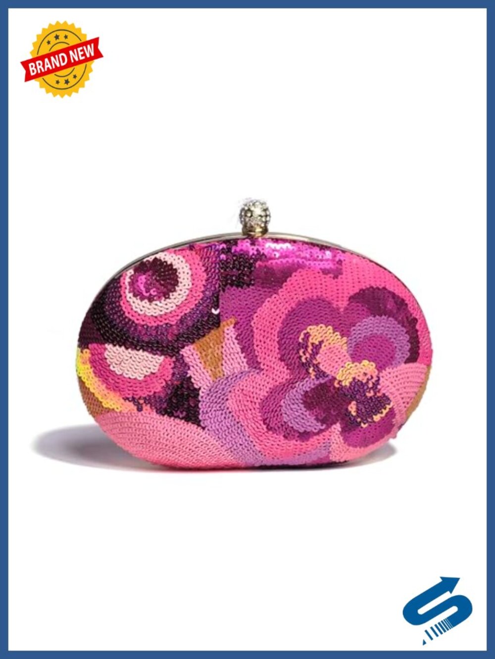 Floral Sequin Evening Clutch with Rhinestone Clasp Detachable Chain Strap
